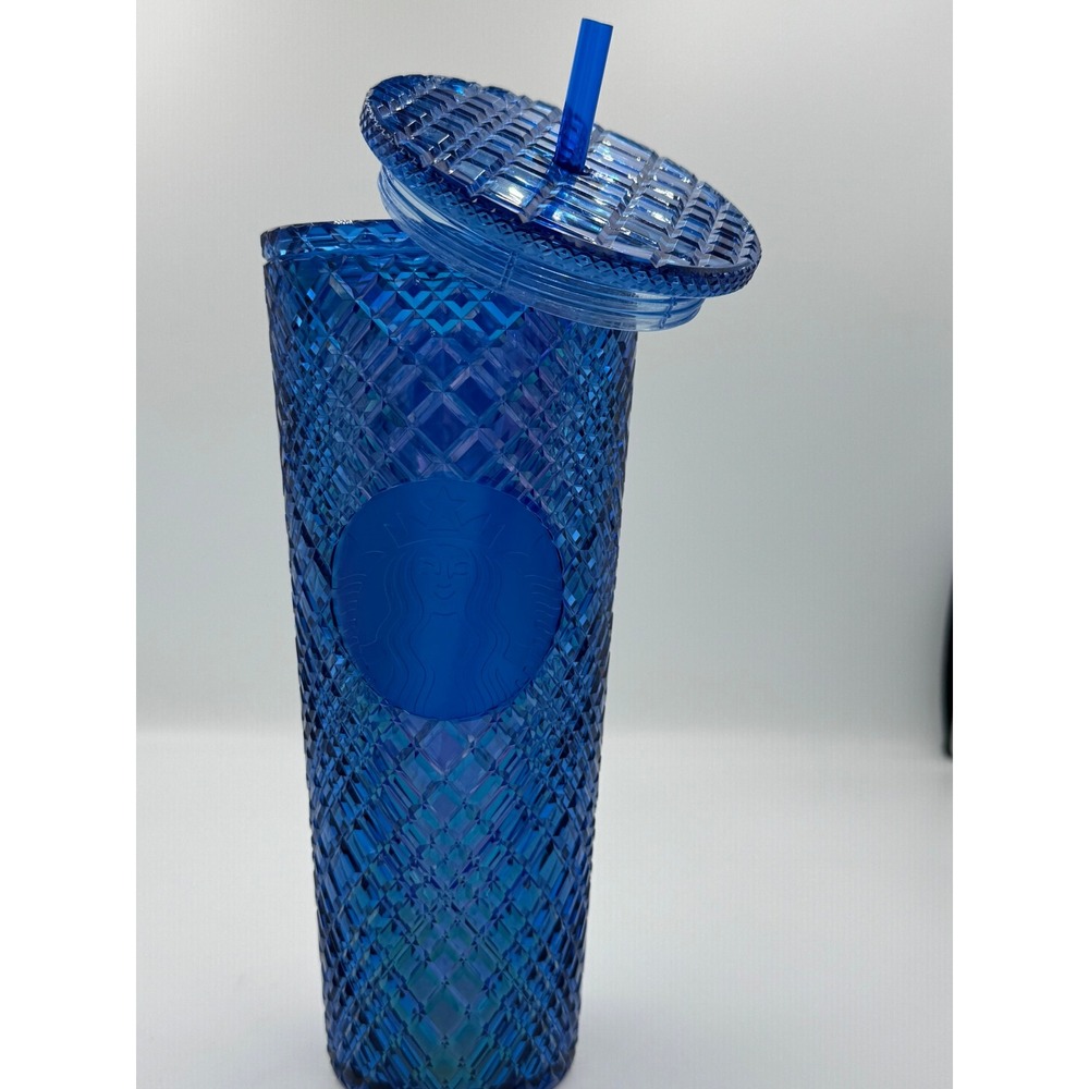 Starbucks Royal Blue Studded Tumbler 24oz Cold Cup Grid Texture with Straw 2021